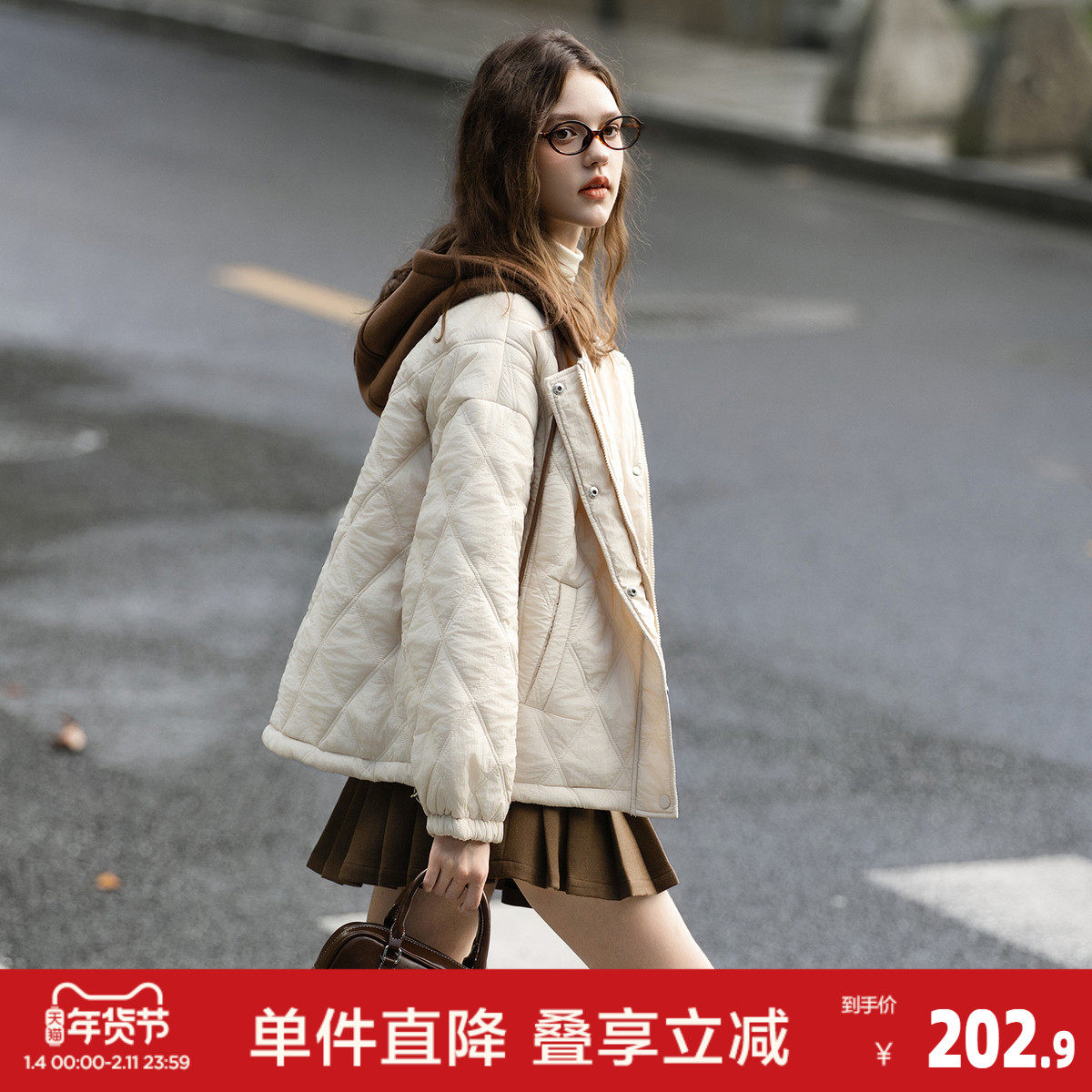 唐狮2026秋冬季短款棉衣连帽女菱格纹拼接撞色简约风厚外套女,女装/女士精品,棉衣/棉服,淘宝优惠券,粉丝福利购,淘宝优惠卷