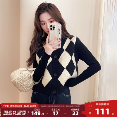唐狮复古菱格V领开衫马甲背心女2025新款秋冬季英伦风内搭毛衣qd