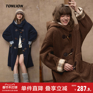 唐狮2026秋冬季超长款仿羊羔毛外套女连帽学院风慵懒美式复古时尚