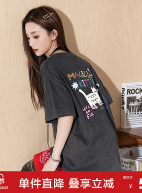 唐狮短袖T恤女2026新款独特印花宽松夏日ootd穿搭灰色宽松上衣