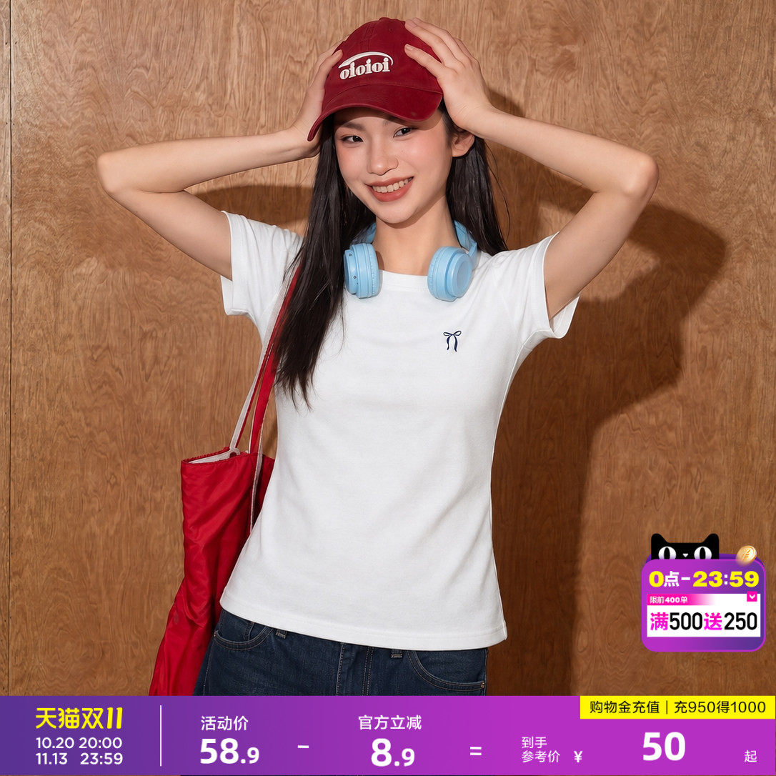 唐狮2026夏季新款女短袖T恤设计感蝴蝶结白色修身正肩夏日上衣