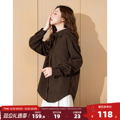 唐狮2025春季新款长袖衬衫女假两件衬衣灯芯绒打底上衣叠穿设计感