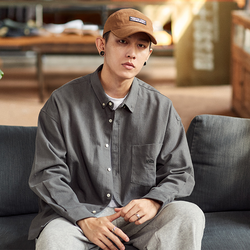 唐狮2021秋季长袖衬衫男港风日系纯棉春秋外穿休闲宽松衬衣外套潮