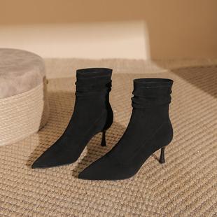 尖头细跟高跟堆堆短靴女小个子秋冬加绒黑色通勤弹力瘦瘦靴女中筒
