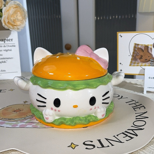 hellokitty汉堡陶瓷泡面碗可爱大容量带盖防烫高温饭汤碗家用餐具