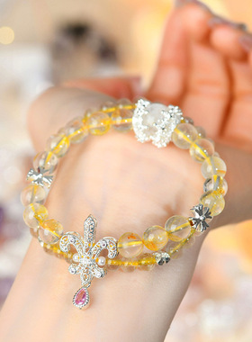 纯天然黄水晶发晶双层手链女时尚原创轻奢女士手串高级感双圈饰品