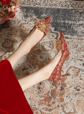 X766-36新款红色高跟鞋细跟新娘鞋中式秀禾婚鞋女单鞋浅口32-43