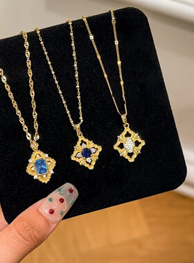 复古菱花纯银925项链布契风手工拉丝蓝色锆石锁骨链ins感吊坠