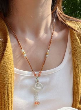 天然玉髓如意锁吊坠保平安无事牌圣诞元旦礼物手工编绳玛瑙项链女