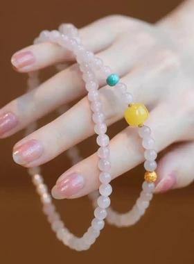 天然藕粉老料和田玉搭配蜜蜡绿松珍珠多圈秀气手串送女友生日礼物