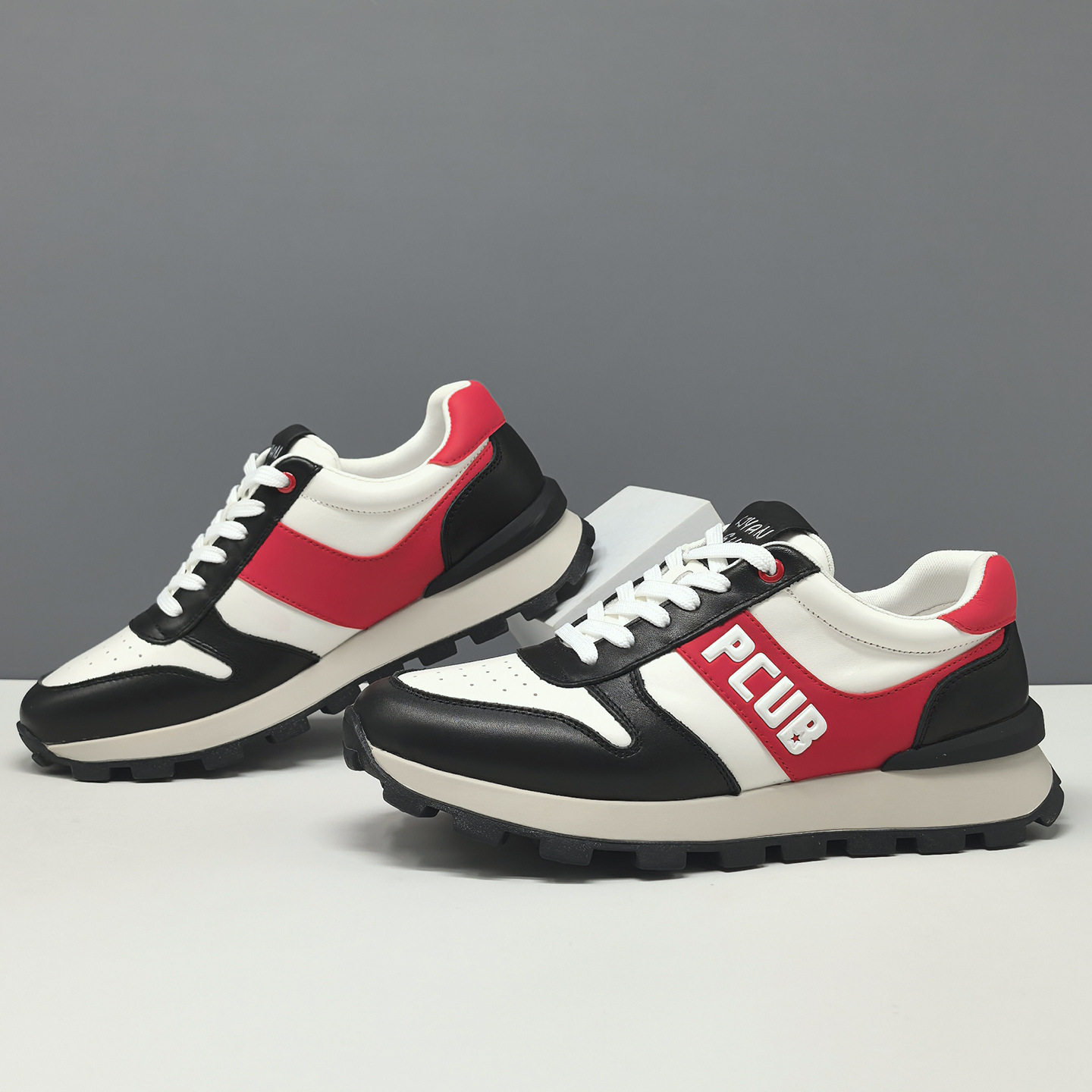 男生头层牛皮运动休闲鞋百搭男款潮鞋真皮拼色欧洲站厚底男鞋