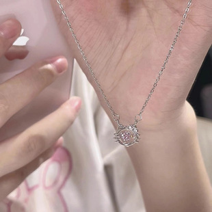 s925纯银hellokitty猫咪灵动粉钻项链女小众设计甜美新款饰品