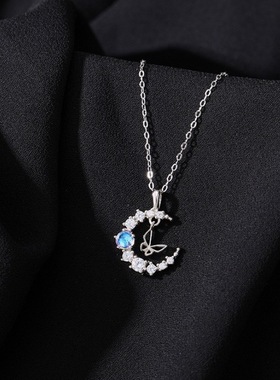 925纯银月光蝴蝶项链ins风甜美幻彩月光石镶钻月亮轻奢感饰品