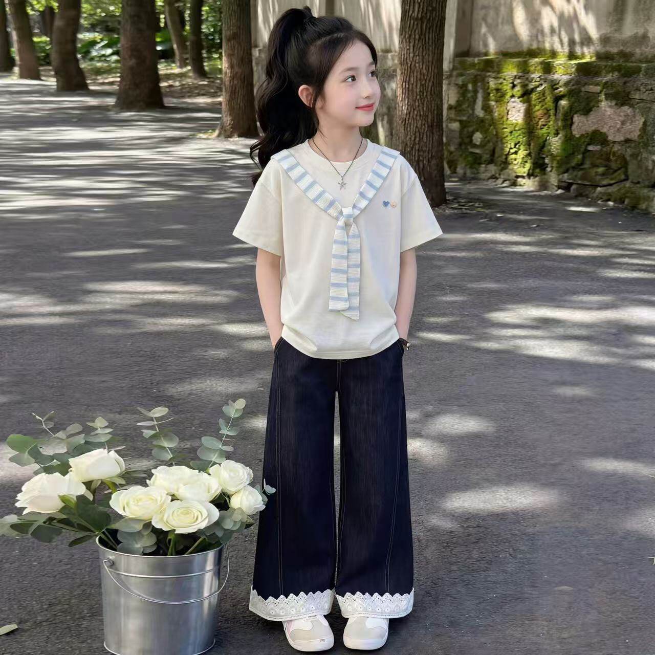 女童学院风短袖条纹拼接T恤