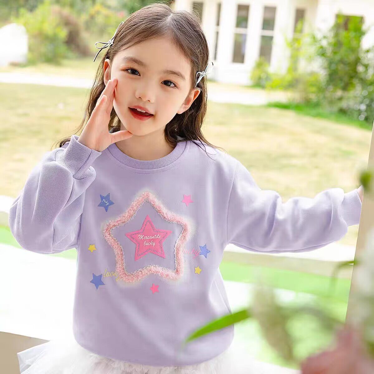 女童长袖卫衣2026春秋新款洋气中大童可爱风宽松型圆领落肩袖上衣