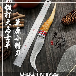 大马士革钢花纹小直刀户外露营便携随身复古猎刀黄羊角功夫茶艺刀
