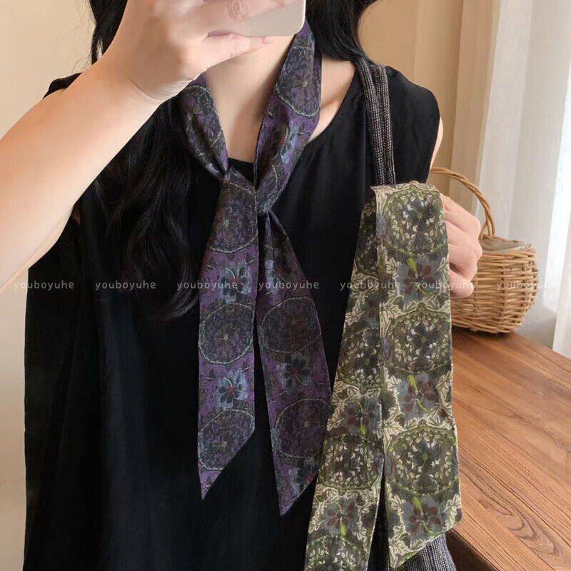 复古繁花丝巾韩系高级感古着油画长款丝巾系脖领巾领带配饰围巾初