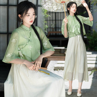 2025夏季新中式复古汉元素女装绣花改良唐装汉服仙气禅茶服套装
