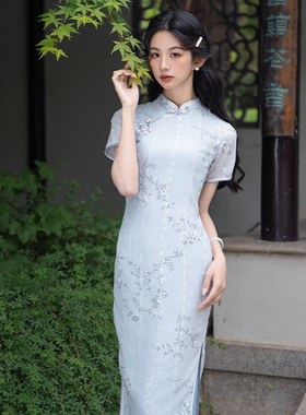 旗袍改良年轻款少女蔚蓝丝光新中式高端清新夏季日常