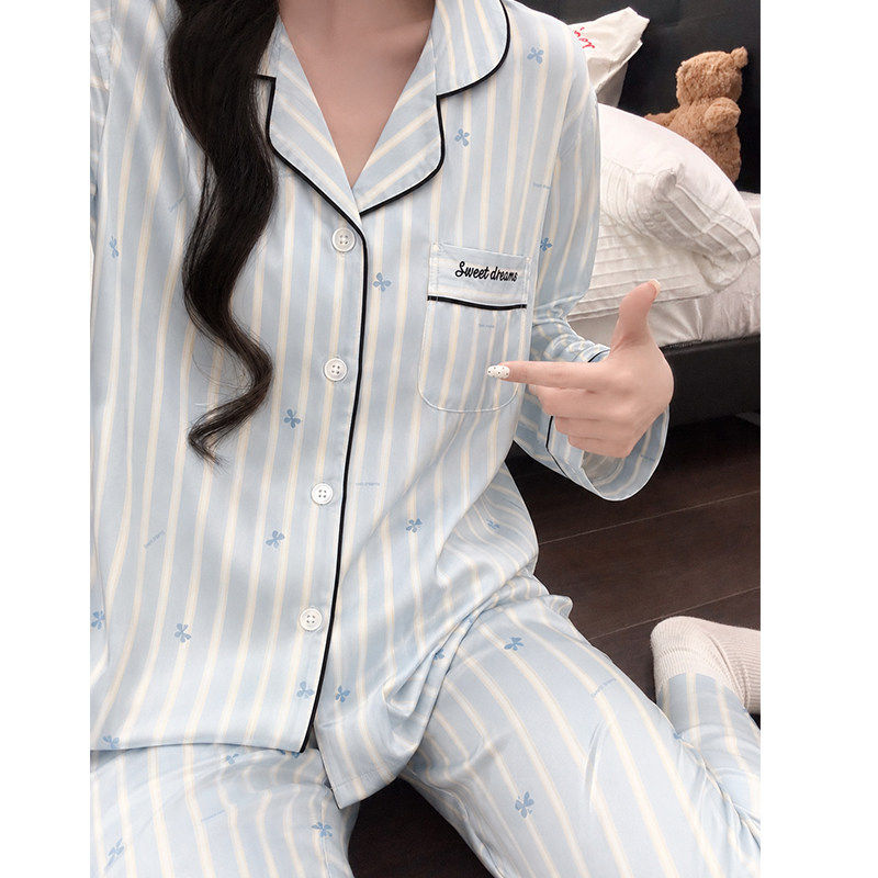 夏季冰丝睡衣女长袖长裤