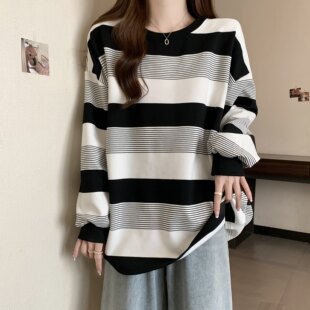 美拉德条纹正肩卫衣女春季新款大尺码胖mm宽松显瘦中长版打底衫上