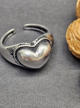 925银朋克风复古爱心做旧戒指双层麻花锁链叠戴戒指8码编号109