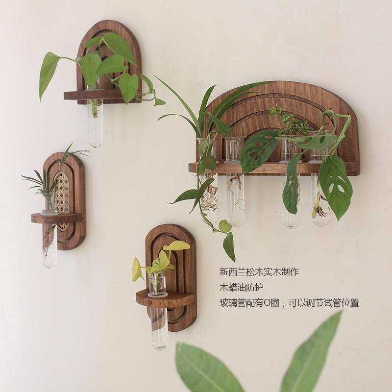 法式实木壁挂置物架玻璃水培植物花器室内盆栽木质自然墙面装饰