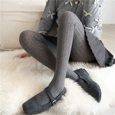 灰色打底裤女秋冬纯棉竖条纹微压显瘦外穿纯棉踩脚配裙子的连裤袜