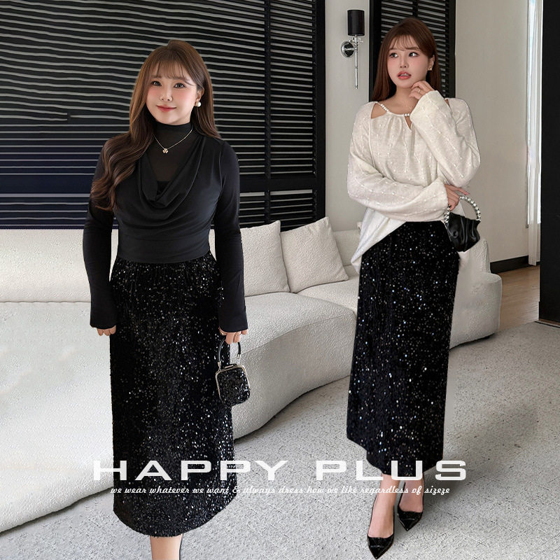 happyhut加肥加大码女装200斤胖mm法式H型中长直筒高腰亮片半身裙