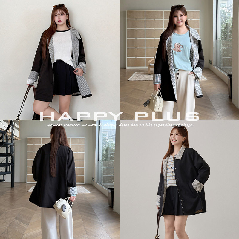 happyhut加肥加大码女装200斤胖mm秋外套复古翻领廓形中长款风衣