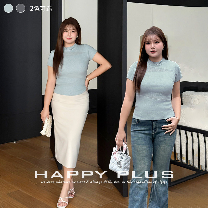 happyhut加肥加大码女装200斤胖mm针织修身半高领正肩短袖上衣