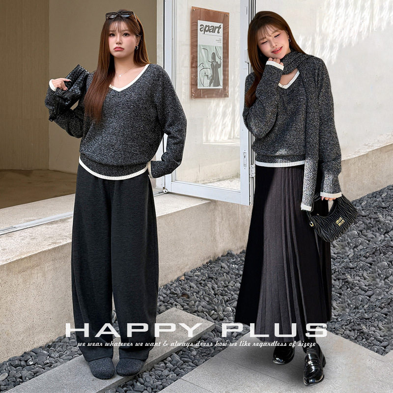 happyhut加肥加大码女装200斤胖mm冬季抗起球混纱V领收腰毛衣围巾
