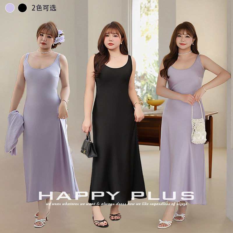 加肥加大码女装200斤胖mm流光缎面斜裁a字收腰连衣裙斜裁吊带内搭