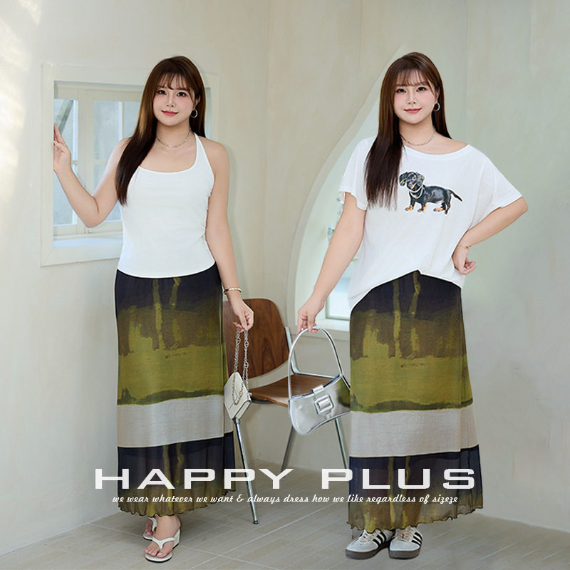 happyhut加肥加大码女装200斤胖mm禅意油画艺术网纱a字休闲半身裙