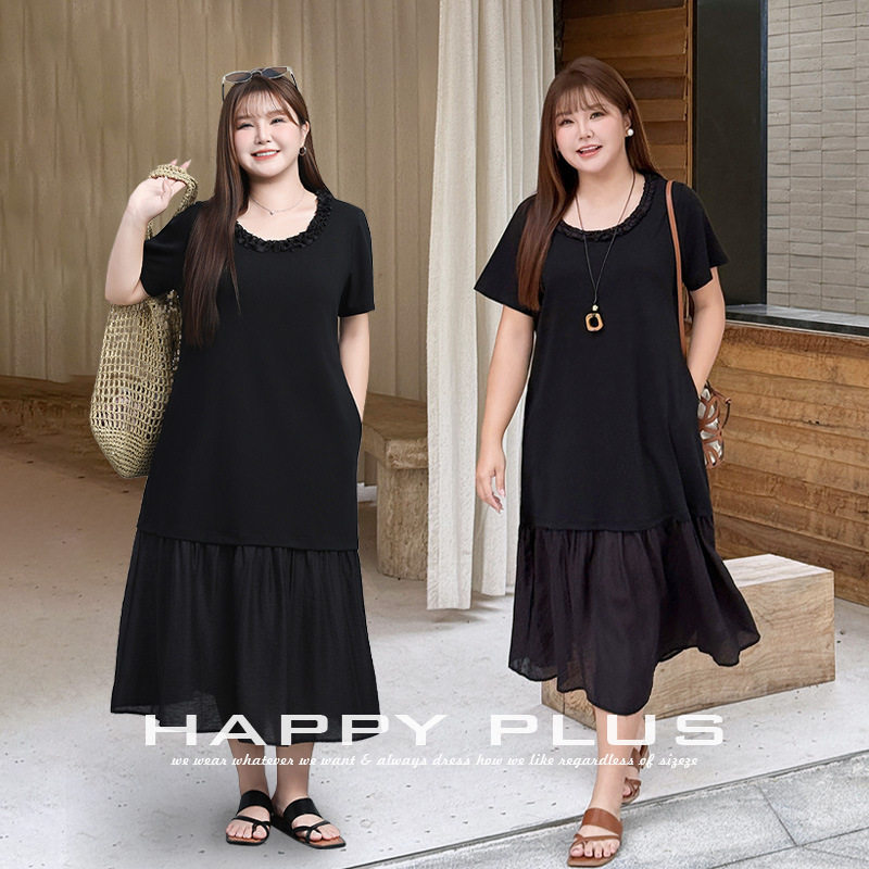 happyhut加肥加大码女装200斤胖mm通勤宽松花边圆领黑裙长连衣裙
