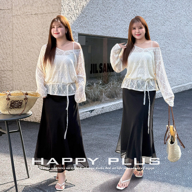 happyhut加肥加大码女装200斤胖mm镂空针织宽松显瘦外搭罩衫套装