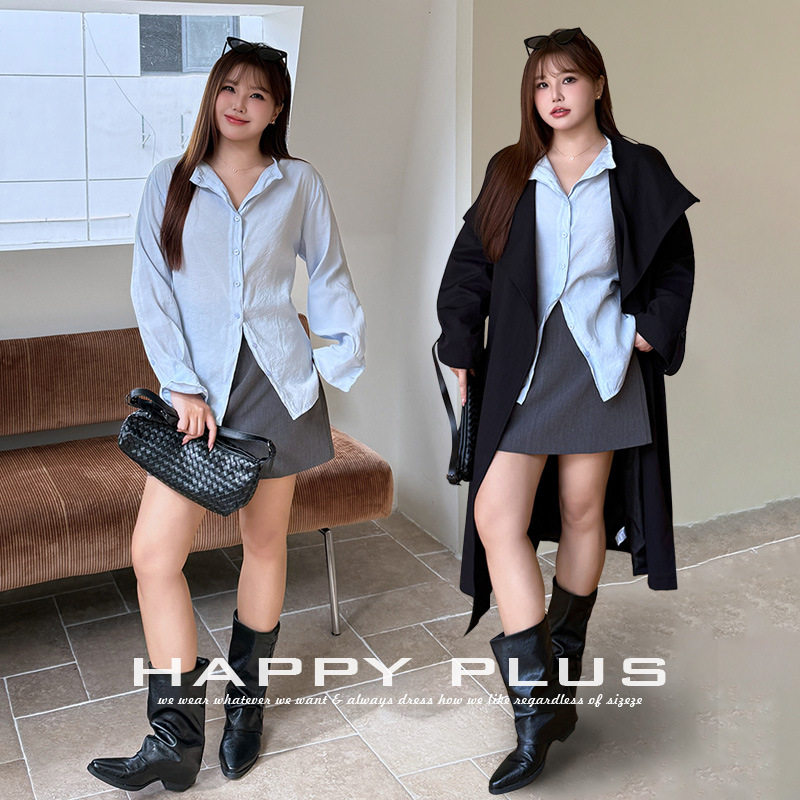 happyhut加肥加大码女装200斤胖mm秋莫代尔鱼骨衬衫风衣外套套装
