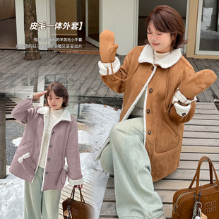 加肥加大大码女装200斤胖mm冬皮毛一体麂皮绒外套直筒上衣带手套