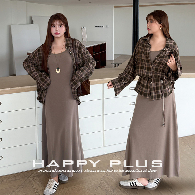 happyhut加肥加大码女装200斤胖mm韩系穿搭套装复古宽松格纹衬衫