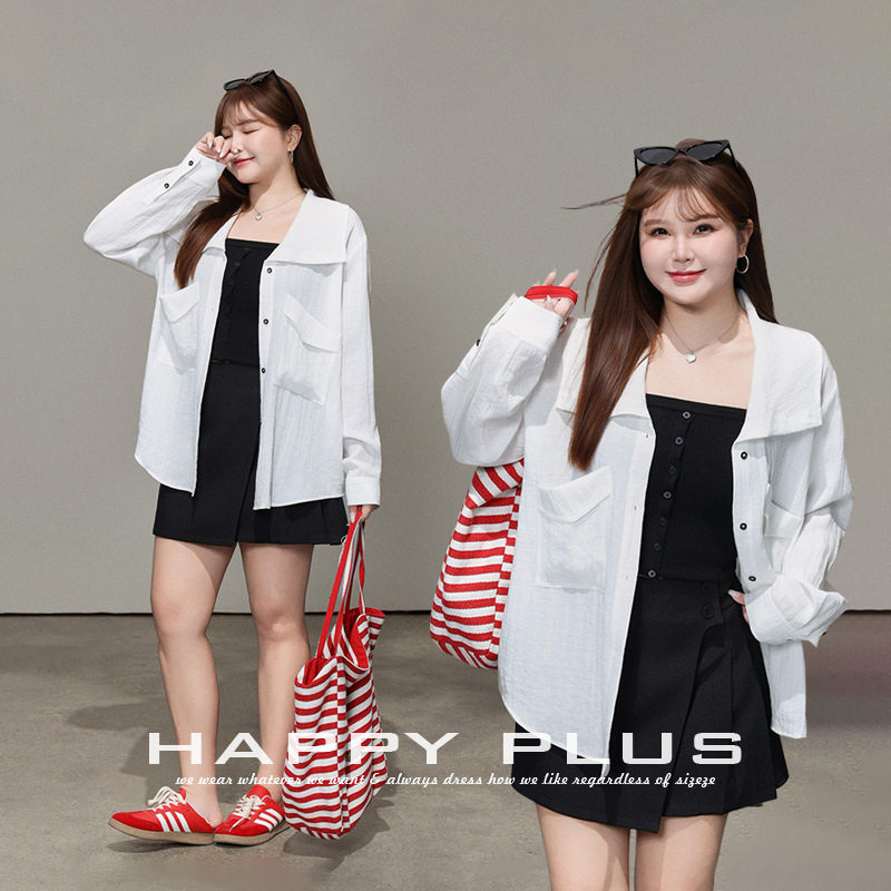 happyhut加肥加大码女装200斤胖mm压皱仿亚麻宽松白衬衫半裙套装