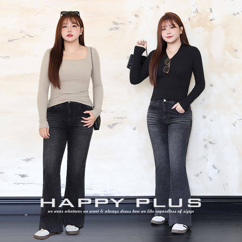 happyhut加肥加大码女装200斤胖mm秋复古磨白喇叭弹力微喇牛仔裤