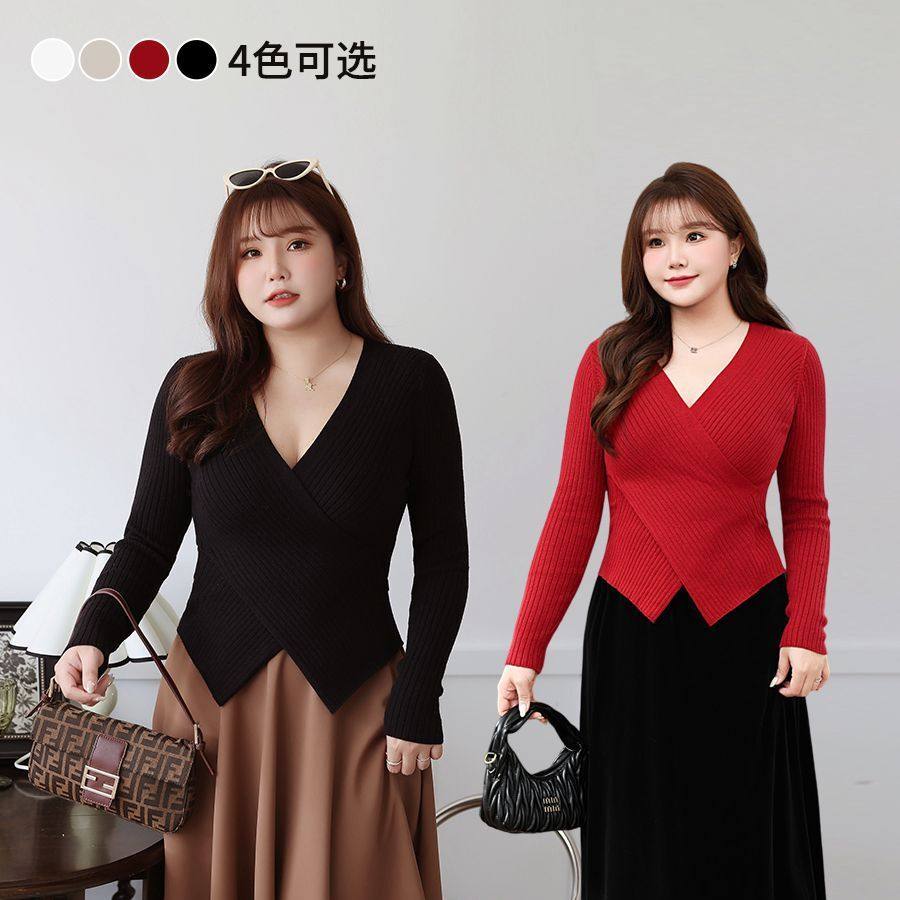 happyhut品牌加肥加大码女装200斤胖mm冬V领温柔风正肩针织衫上衣