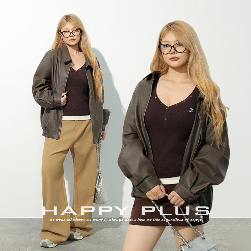 happyhut加肥加大码女装200斤胖mm复古帅气机车pu皮衣宽外套上衣