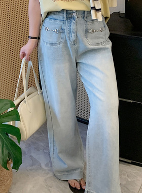 加肥加大200斤大码女装胖mm春季设计洋气感口袋直筒牛仔裤子YC376