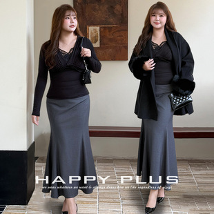 happyhut加肥加大码女装200斤胖mm冬法式立裁包臀鱼尾半身裙套装