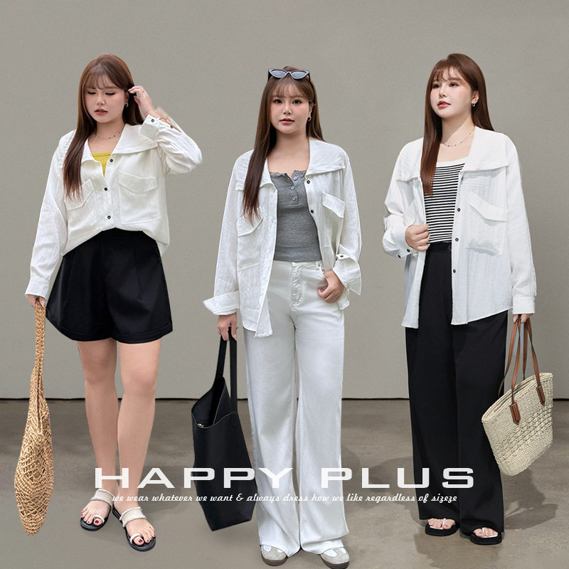 happyhut加肥加大码女装200斤胖mm皱仿亚麻宽松白色衬衫上衣外套