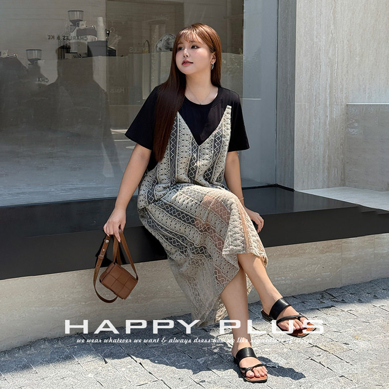 happyhut加肥加大码女装200斤胖mm短袖长款连衣裙假两件A字连衣裙