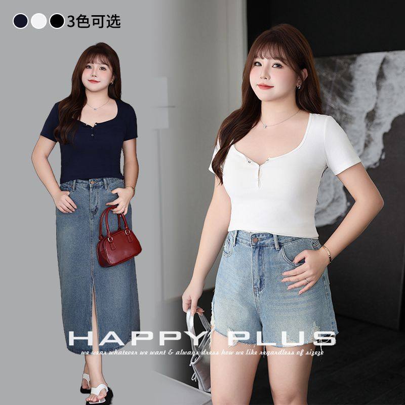 happyhut加肥加大码女装200斤胖mm夏修身短袖t恤修身短袖T恤上衣