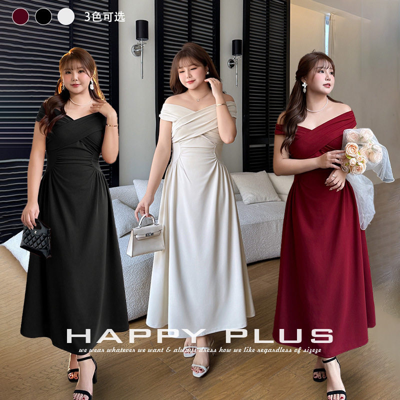 happyhut加肥加大码女装200斤胖mm法式交叉一字领礼服红白连衣裙
