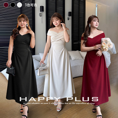 happyhut加肥加大码女装200斤胖mm法式交叉一字领礼服红白连衣裙